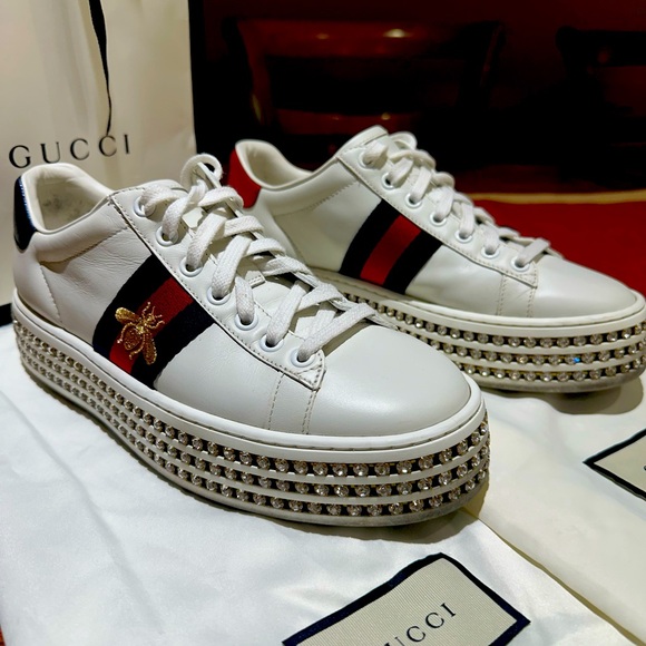 GUCCI ACE PLATFORM TRAINERS WITH CRYSTALS * SZ 36.5 GREAT CONDITION - Picture 1 of 13